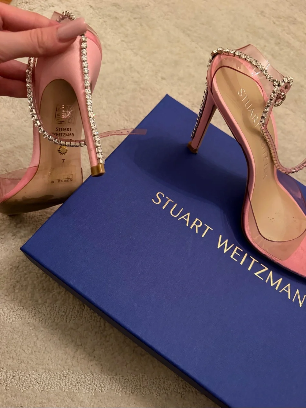 Stuart Weitzman Pink Crystal-Strap Pointed Stiletto Pumps
